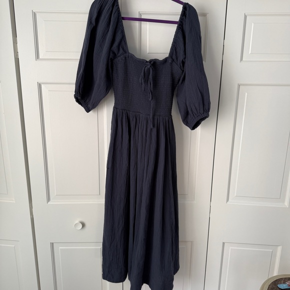 Quince 100% Organic Cotton Gauze Smocked Square Neck Midi Dress Indigo Blue NWT - Picture 3 of 11